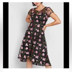 Modcloth Black Dress with Pink Floral Pattern Small